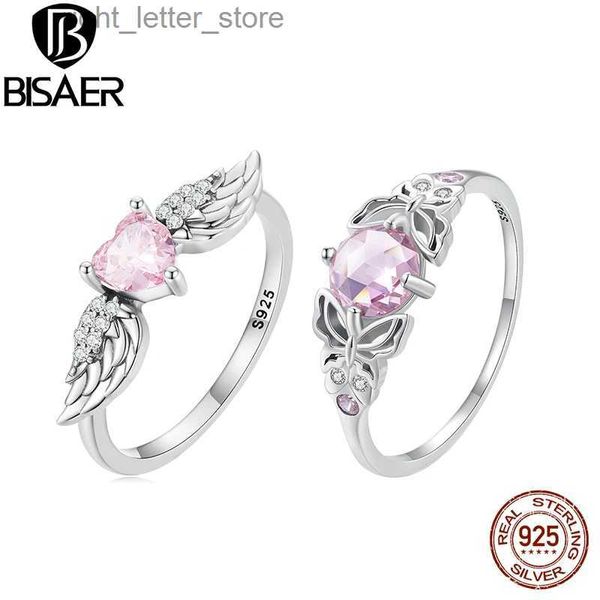 Solitärring BISAER 925 Sterling Silber rosa Schmetterling Ring Flügel Herz CZ Versprechen Band vergoldet Platin für Frauen Party Original feiner Schmuck YQ231207