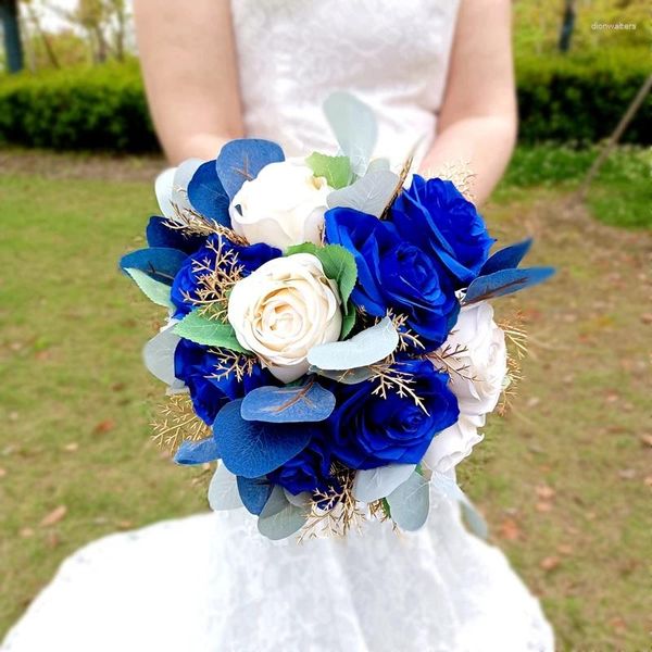 Fiori matrimonio Splendido bouquet da sposa Royal Blue Mix Avorio Rose di seta Decorazione fogliame 8 10 12 pollici Bruidsboeket Flores Artificiales