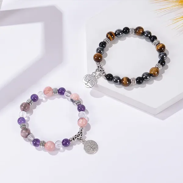 Strang Naturstein Baum des Lebens Anhänger Zebra Amethyst Tigerauge Weiß Türkis Armband Yoga Männer und Frauen Perlenschmuck