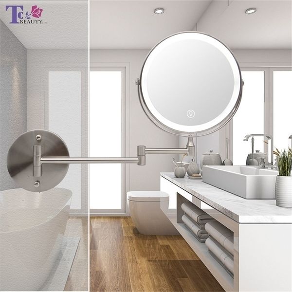 Компактные зеркала 8-дюймовое настенное зеркало для ванной комнаты Регулируемое светодиодное зеркало для макияжа 10-кратное увеличительное сенсорное косметическое зеркало с подсветкой 231202