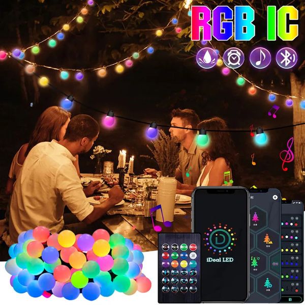 Decorazioni natalizie RGB IC Palla Ghirlanda Luce LED Fata Stringa Lampadina Bluetooth APP Controllo Lampada da patio impermeabile Luci per feste di nozze Decorat 231207