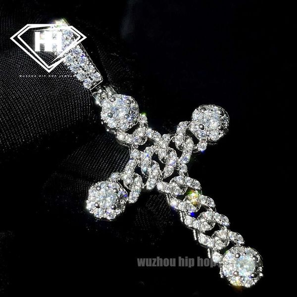 Joias finas Miami Cuban Link Cross Pendant 925 Silver Pass Diamond Tester Moissanite Charms