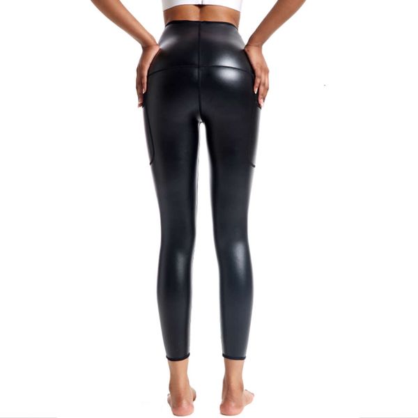 Body Shaper Gancio sexy Leggings modellanti in pelle alta Leggings dimagranti Pantaloni da yoga per il controllo della pancia delle donne Allenatore in vita con tasche