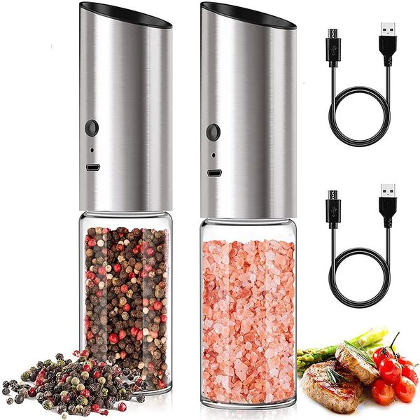 Mills Juego de molinillo eléctrico de sal y pimienta USB Recargable Eletric Pepper Mill Shakers Máquina automática de acero para especias Herramienta de cocina 231206