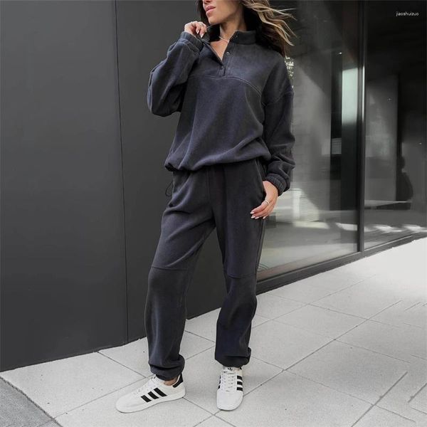 Calças femininas de duas peças esporte quente agasalho inverno algodão velo conjunto harem calças ternos para mulheres veludo botão hoodie outfits mujer