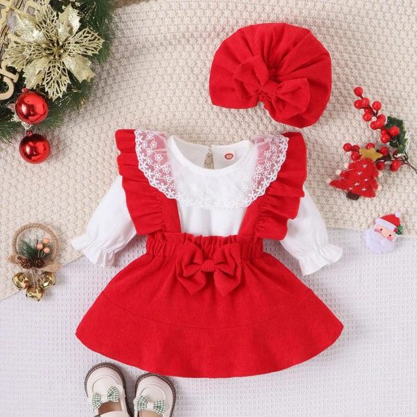 Set di abbigliamento 0-24 mesi Vestiti per bambina nati Natale e anno Avvolgere il collo in pizzo Cappotto scorreggia Cappotto con fiocco in velluto a coste Cappello per bambini