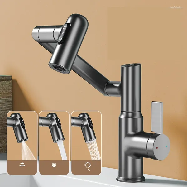 Torneiras de pia do banheiro Lavatório Preto Torneira de Ouro Bacia Luz Luxo Girando Mixer Tap Multi-Função Display Digital