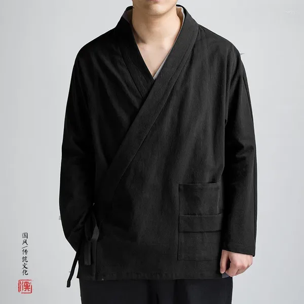 Этническая одежда, свободный кардиган в китайском стиле, льняной кардиган в стиле ханьфу, мужское кимоно юката, японский самурайский однотонный халат хаори 4XL