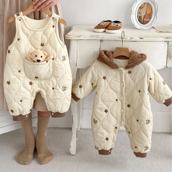 Strampler Ins Koreanische Winter Säugling Kinder Mädchen V-ausschnitt CottonLined Overalls Blumenmuster geboren Baby Dicke Warme Outwear Strampler 024M 231207