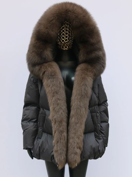 Pele feminina falso moda outerwear puffer jaqueta 2023 casaco feminino pato branco para baixo super grande real prata raposa colar com capuz 231208