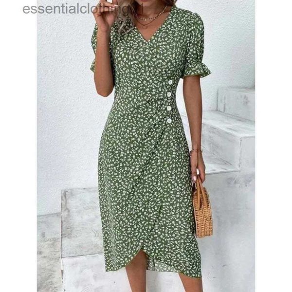 Urban Sexy Dresses Elegantes florales Plissee-H-förmiges Midikleid mit V-Ausschnitt, Puffärmel, gerüschte Knopfkleider, Damen-Sommerkleid, Robe L231208