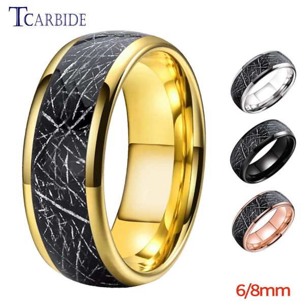 Trauringe 6mm 8mm Schöner Wolfram-Verlobungsring für Männer Frauen Schwarzes Meteorit-Inlay Trendiges Geschenk Schmuck Comfort Fit 231208