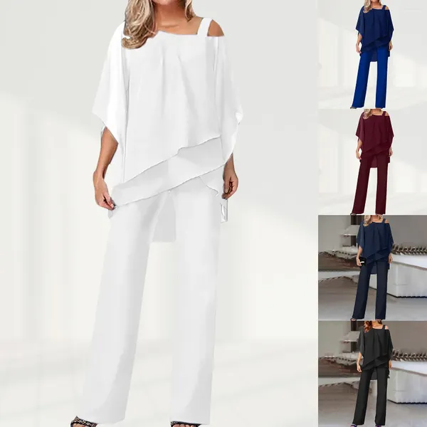 Zweiteilige Damen-Hosen, Damen-Set mit Fledermausärmeln, Oberteil, Hose, elegantes Chiffon-Lose-Hosen-Set, lässig, schick, asymmetrischer Saum, Hochzeitsabend