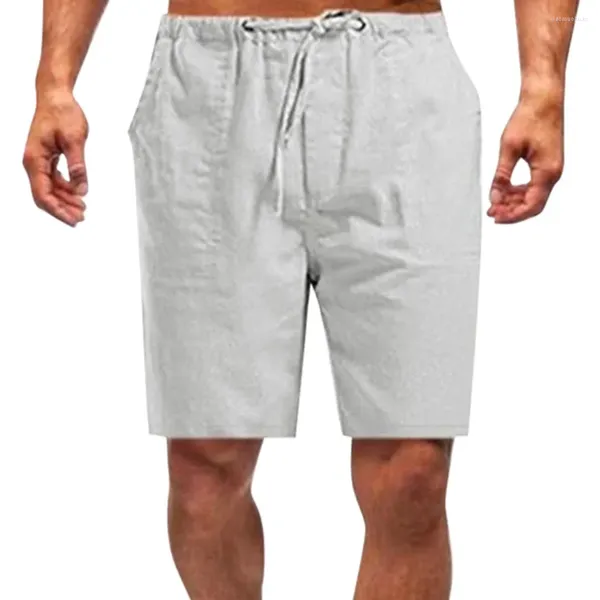 Shorts masculinos homens algodão linho verão respirável cor sólida calças soltas cordão cintura elástica bolsos streetwear calças masculinas