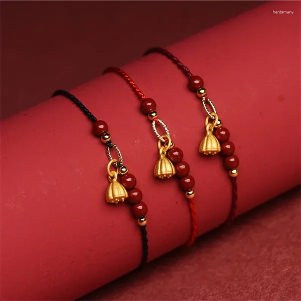 Braccialetti con ciondoli Perline di cinabro naturale da 4 mm Braccialetti di fiori di loto per le donne Corda rossa Bracciale fortunato Cavigliera Misura nave di goccia regolabile