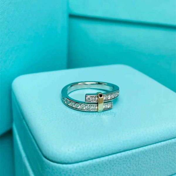 Tiffanyhsqrings jóias V ouro T circular cheio de diamante anel de separação de cor borda feminina anel de diamante entrelaçado