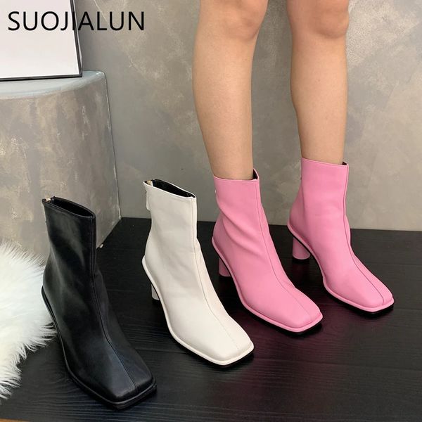 Stivali SUOJIALUN Marca Punta quadrata Stivaletti da donna Moda Tacco alto tondo Stivaletti da donna Stivali morbidi di alta qualità Scarpe 231207