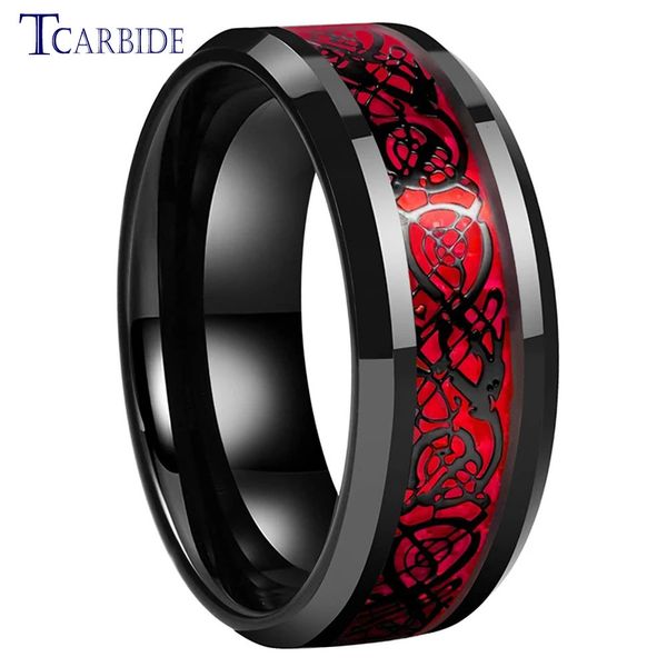 Anéis de casamento 8mm preto homens mulheres tungstênio anel de casamento de noivado com opala vermelha dragão inlay superior presente jóias conforto ajuste 231208