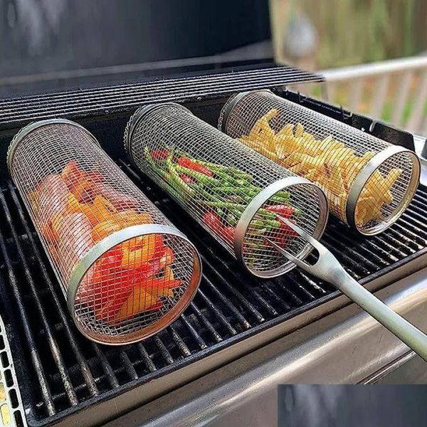 Grillwerkzeuge Zubehör Backformen Grill Grillkorb Edelstahl Runde Form Röster Trommelofen Mesh Lagerfeuer Grillgitter W Dhfsm