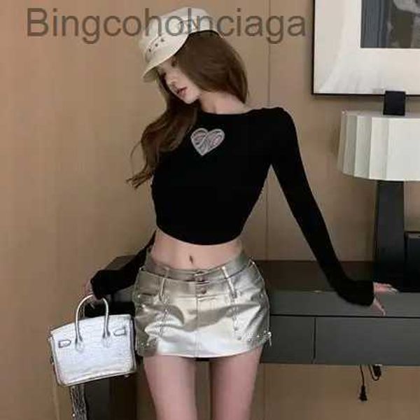 T-shirt das mulheres HSA 2023 Mulheres Black Crop Tops Long Sle Bordado Curto Tops Skinny Slim Backless Sexy Party Skinny Long Sle TeesL231208