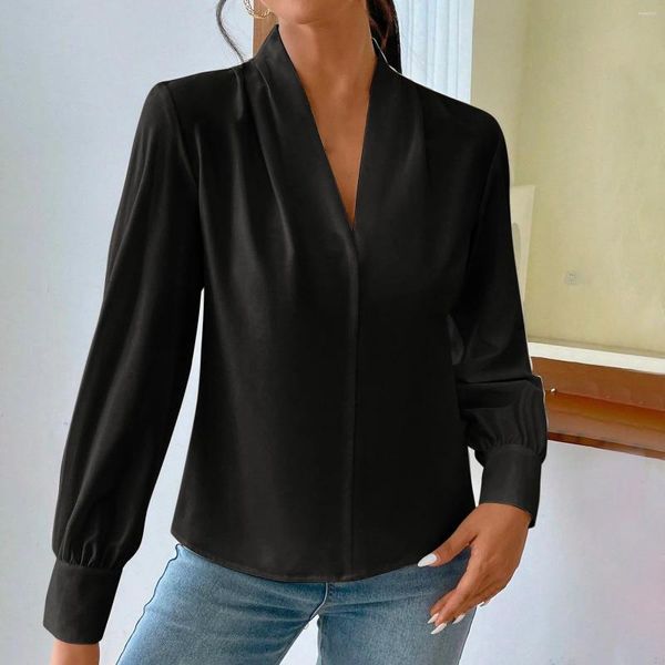 Frauen Blusen V-ausschnitt Tops Casual Shirts Grundlegende Lose Arbeitskleidung Pendeln Einfarbig Schwarz Langarm Blusa Mujer Moda