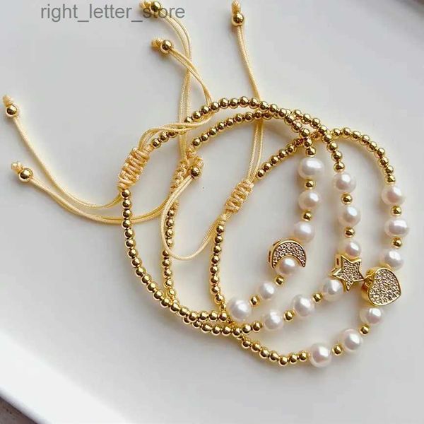 Catena 5 pezzi bracciali di perle d'acqua dolce naturali gioielli zircone cuore luna braccialetto di fascino per le donne gioielli di moda perline di colore oro YQ231208