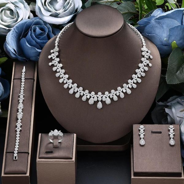 Halskette Ohrringe Set Klassische Hochzeit Kristall CZ Zirkonia Dubai 4 Stück Brautschmuck Für Bräute Frauen Accessoires
