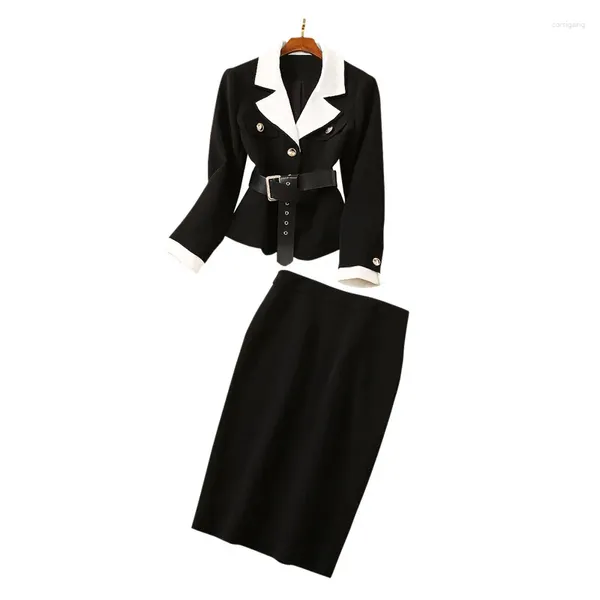 Arbeitskleider, Farbblock, Weiß und Schwarz, Patchwork-Damen-Büroanzug-Set, 2-teiliges Outfit, Jacke mit Gürtel, Oberteil, knielang, enger Bleistiftrock