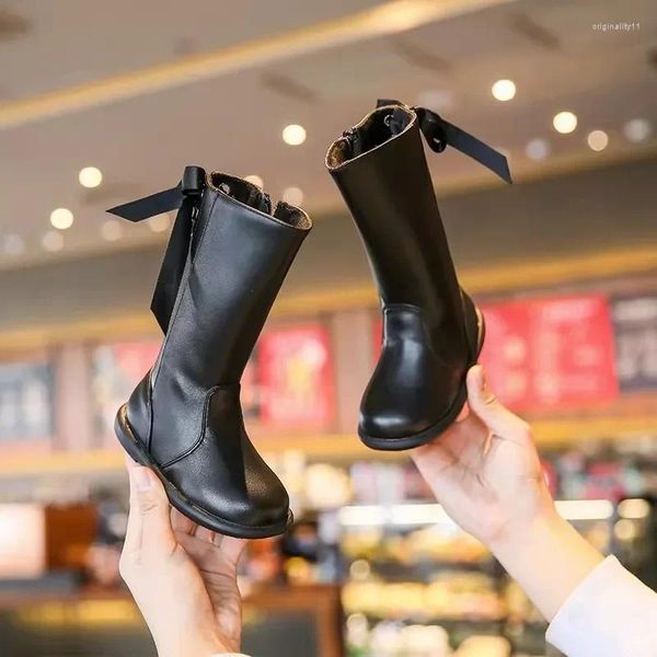 Botas outono meninas preto arco couro pelúcia quente crianças longa moda plana crianças sapato bebê macio sola princesa sapatos