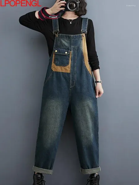 Damen-Jeans-Denim-Jumpsuits für Patchwork, koreanischer Stil, Overalls, einteiliges Outfit, Damen-Strampler, lässige Vintage-Playsuits, gerade Hosen