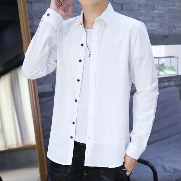 Camicie eleganti da uomo 2023 Camicia in puro cotone a maniche lunghe moda coreana Slim Fit tinta unita giovanile