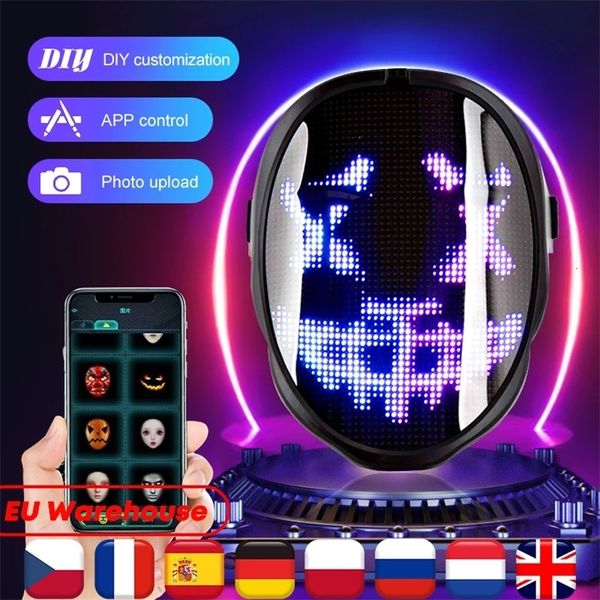 Máscaras de festa Máscara de Halloween LED Bluetooth RGB Light Up Display DIY Po Edição Máscara Animada Texto Prank Concerto 231207