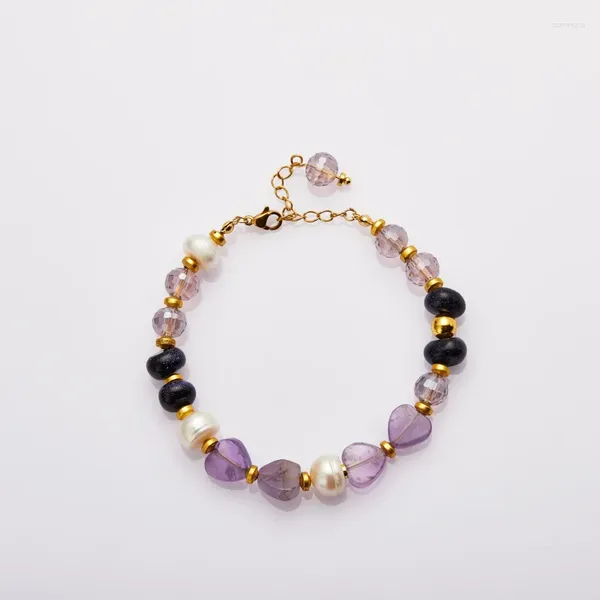 Charme pulseiras coreano roxo coração em forma de pedra natural pulseira para mulheres moda original cristal pérola pulseiras de aço inoxidável jóias