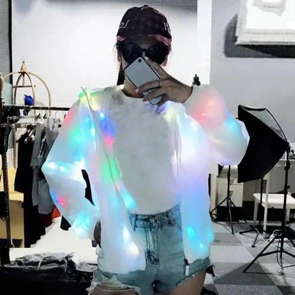 Jaquetas femininas jaqueta brilhante led com capuz para outono inverno colorido casaco emissor de luz com bolsos de manga longa clube concerto dança