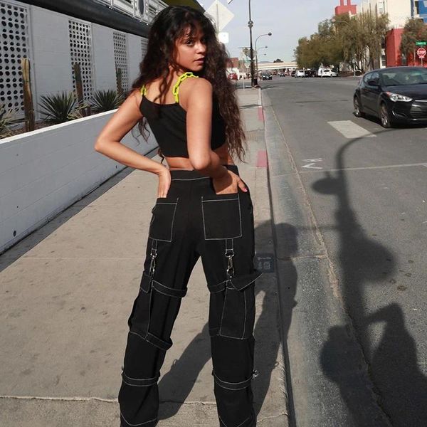 Frauen Hosen Damen Plus Größe Hohe Taille Schwarz Overalls Band Streetwear Punk Breite Bein Gothic Tasche Jogger Hosen Frauen