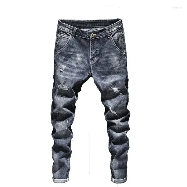Jeans masculinos motociclista homens azul escuro estiramento fino ajuste rasgado angustiado streetwear denim calças casuais retro homem calças hiphop jean homme