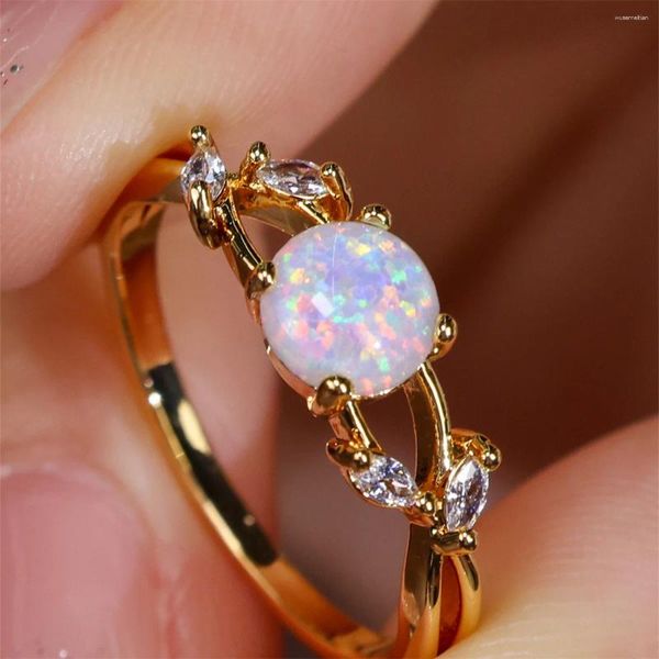 Anéis de cluster branco opala quadrado corte anel de pedra luxo cristal oco ramos para mulheres vintage cor de ouro bandas de noivado boho jóias