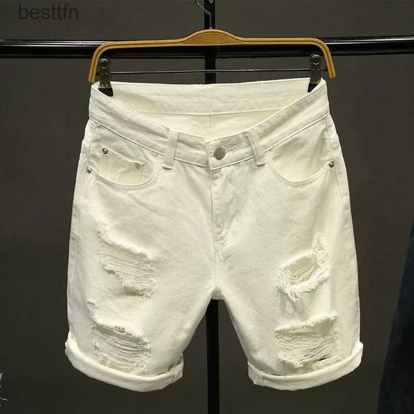Мужские джинсы Лето белый черный хаки Мужские рваные свободные прямые джинсы Короткие модные хип-хоп берды с отверстиями Повседневные джинсовые шорты-каргоL231208