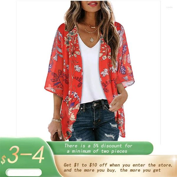 Mulheres Swimwear 2023 Verão Flowing Kimono Cardigan Bohemian Snow Spun Flower Beach Cover Top Wear Hawaii Chiffon