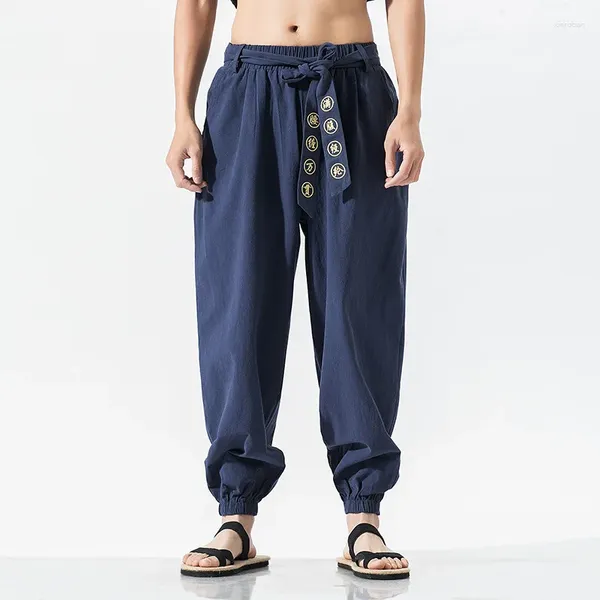Abbigliamento etnico Stile giapponese Moda uomo Pantaloni a gamba larga Retro Fasciatura Ricamo Pantaloni di lino larghi Maschio Harlan Haori Hip Hop Samurai