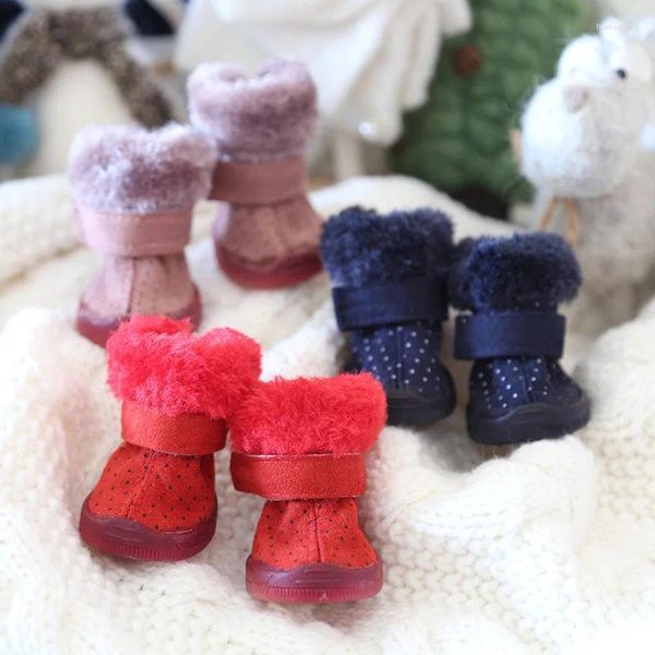 Hundebekleidung Haustierschuhe Winter Warme strahlende Schneestiefel mit Fellbekleidung für Hunde Katzen Rutschfeste, verschleißfeste Baumwolle 4 Teile/los