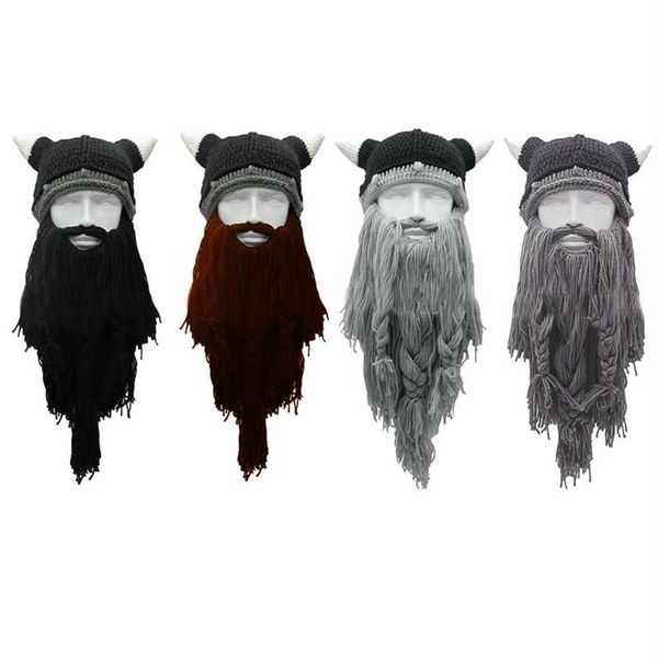 Cappelli a tesa larga Adulto Pazzo Divertente Halloween Cosplay Lavorato a maglia Barba vichinga Cappello in corno Maschera da sci Barbaro Vagabondo Berretto vintage Wi292n