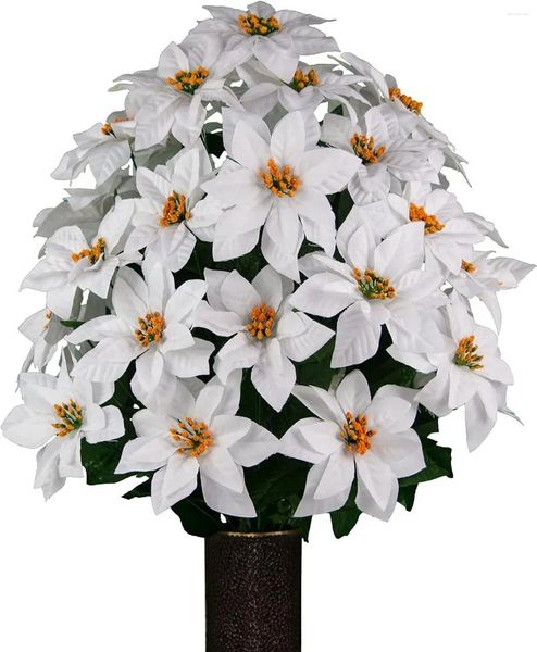 Flores decorativas Simpatia Sedas Cemitério Artificial - Decorações de sepultura realistas ao ar livre Poinsétias de Natal Branco 28 