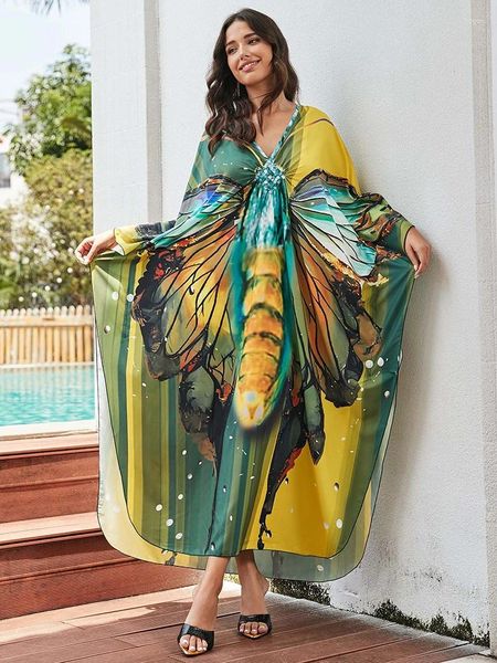 Costumi da bagno da donna 2023 Abito lungo in caftano per le donne Farfalla Boho Caftani Easy Dry Tuniche leggere Abbigliamento da spiaggia Abito da bagno Cover Up