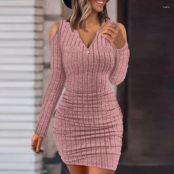 Vestidos casuais elegante profundo decote em v zíper mini vestido mulheres fora shouler manga longa festa moda hip envoltório sólido magro