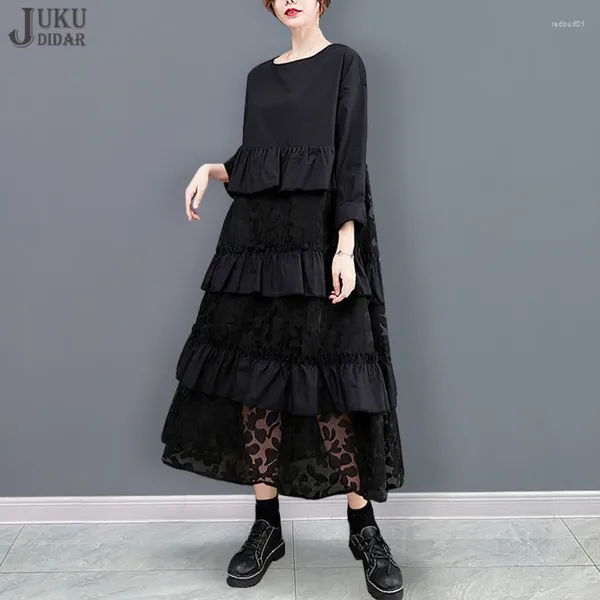 Vestidos casuais cascading plissado manga longa outono estilo japonês mulher sólida vestido preto solto ajuste tamanho grande grande chique robe jjxd030