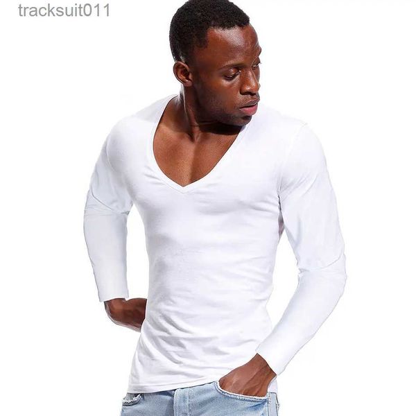 Мужские футболки с глубоким v-образным вырезом для мужчин, низкие футболки с широким воротником, футболки из чистого хлопка, облегающие длинные мужские футболки L231208