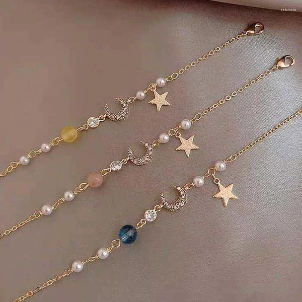 Charme pulseiras coreano simples estrela lua zircon pérola pulseira para mulheres senhoras bonito elegante requintado brilhante link corrente jóias