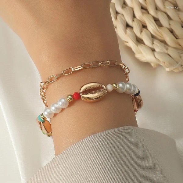 Charme Pulseiras Moda Pearl Shell Starfish Pulseira Feminina Metal