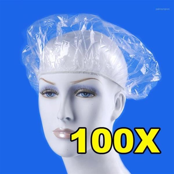 Berretti 100 pz / lotto Cuffie da doccia usa e getta Trasparente Spa Parrucchiere El One-Off Cappello elastico da bagno Prodotti per il bagno Bath Bonnet309P